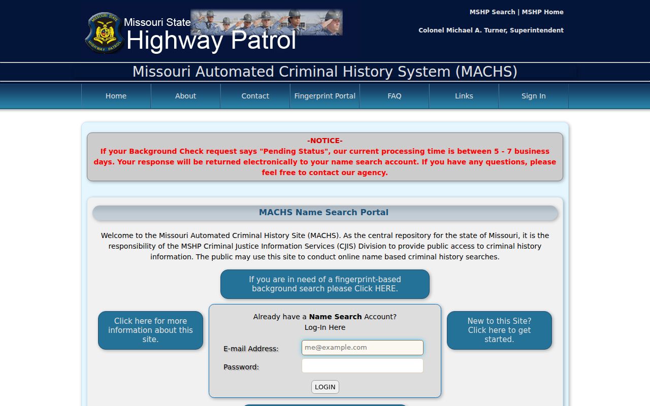 Barton County criminal history search through the Missouri MACHS landing page