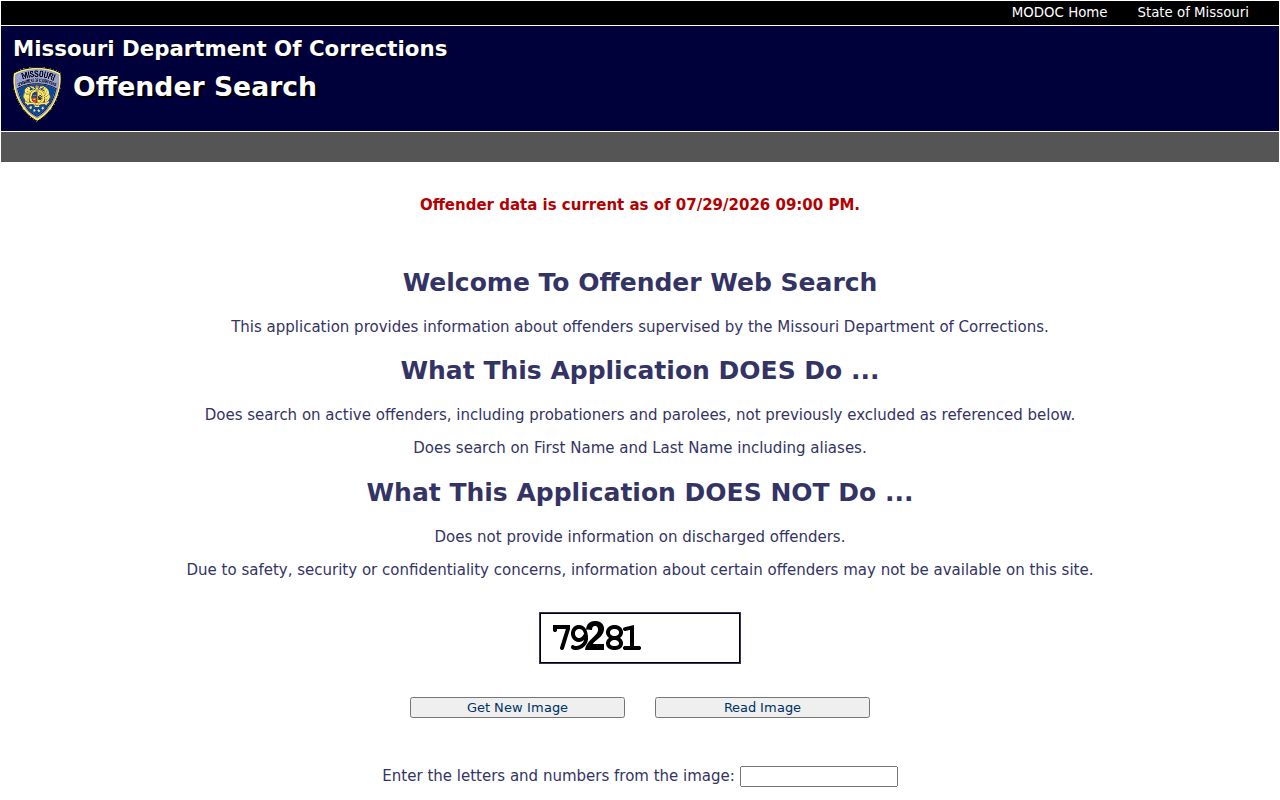 Barton County corrections records in the Missouri offender search form